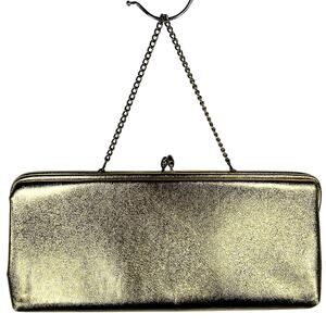 Vintage Gold Clutch Prom Purse Pocketbook 10" Kiss Lock Chain Strap Satin Glam